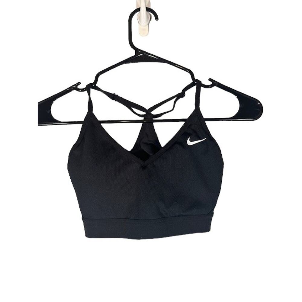Nike Black Logo Front Racerback V-Neck Front Design Sports Bra Women Sz S